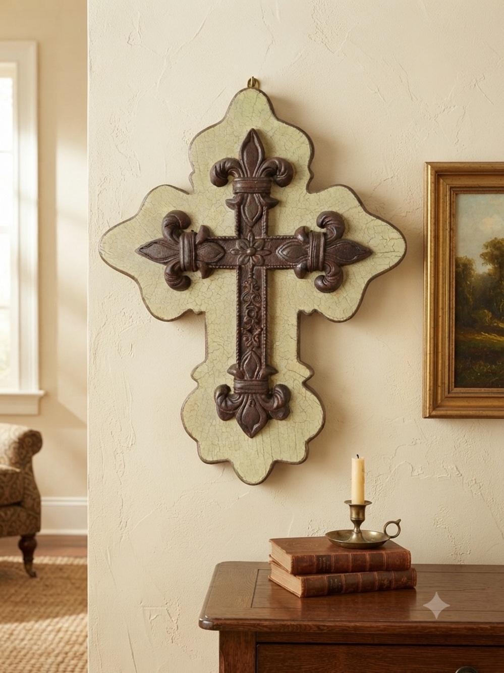 Decorative Fleur-de-Lis Cross Wall Plaque - Antique Brown on Cream